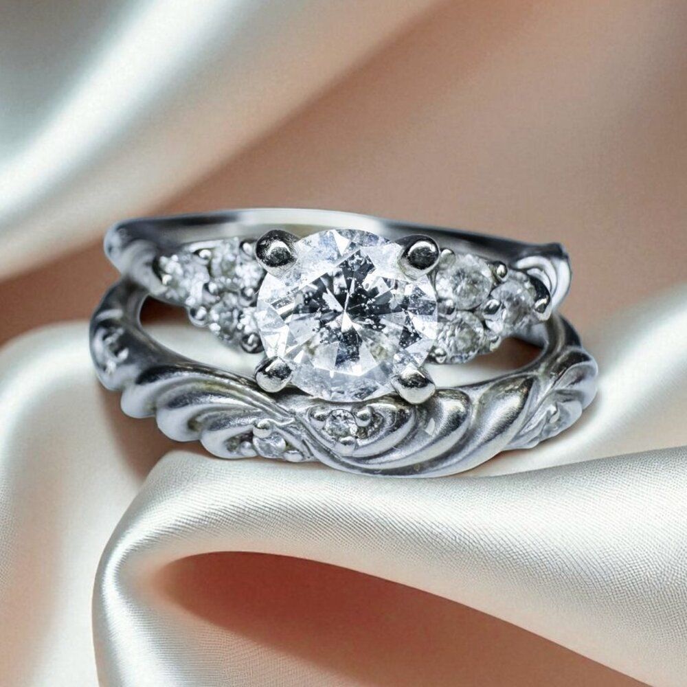 14K White Gold- 1CT Diamond Ring Set -$5375 Floral "Gossimer" by Artcarved -6.4g